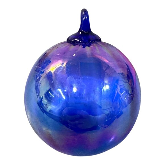 Large Handblown Glass Christmas Ornament Iridescent Cobalt Blue Purple Vintage - Picture 3 of 8